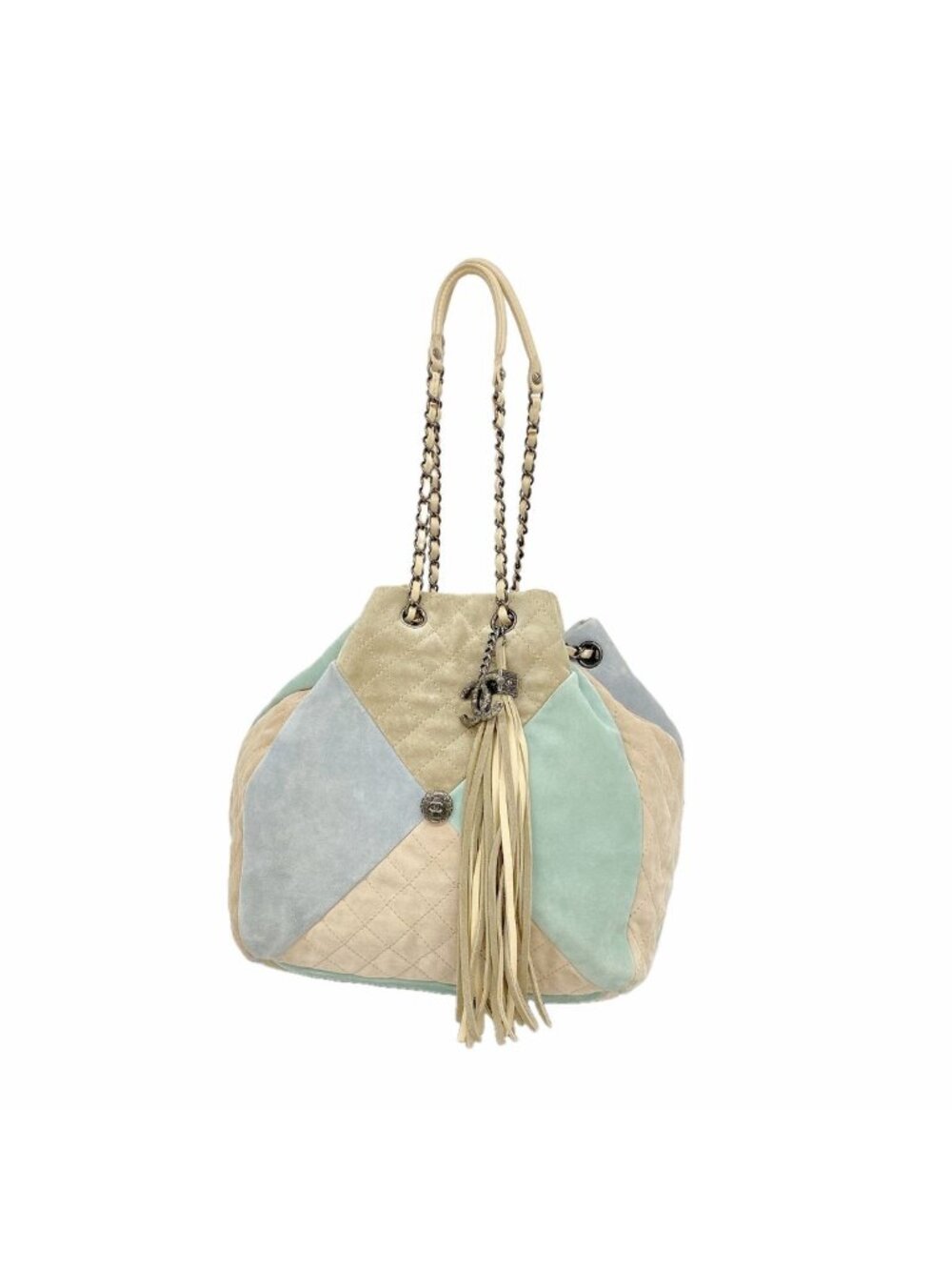 Chanel Shoulder Bag Suede Beige Blue Green Silver